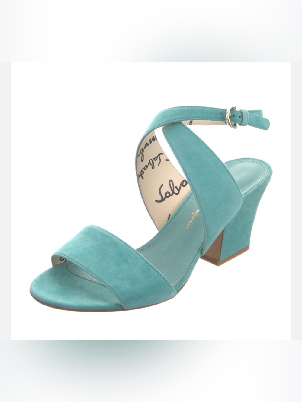 Salvatore Ferragamo Turquoise Suede Mid Block Heel Sandal